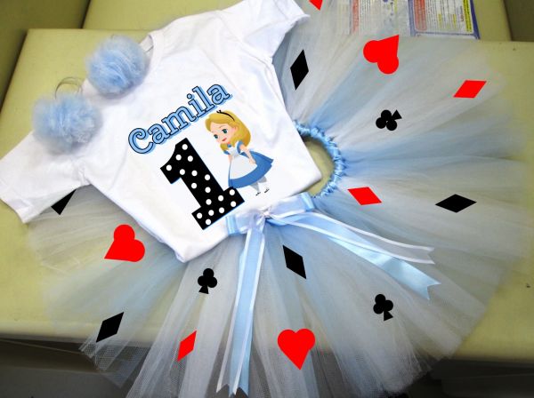 ♥ Conjunto Alice no País das Maravilhas - Tutu+Camiseta+Par de Pompons♥